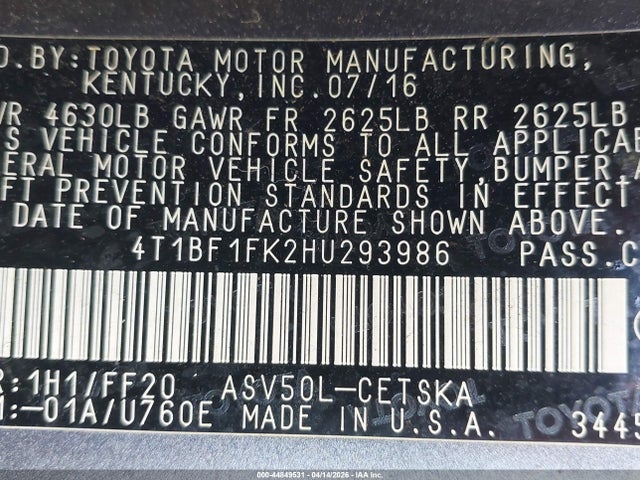 Продаж на аукціоні авто 2017 Toyota Camry Se, vin: 4T1BF1FK2HU293986, номер лоту: 44849531