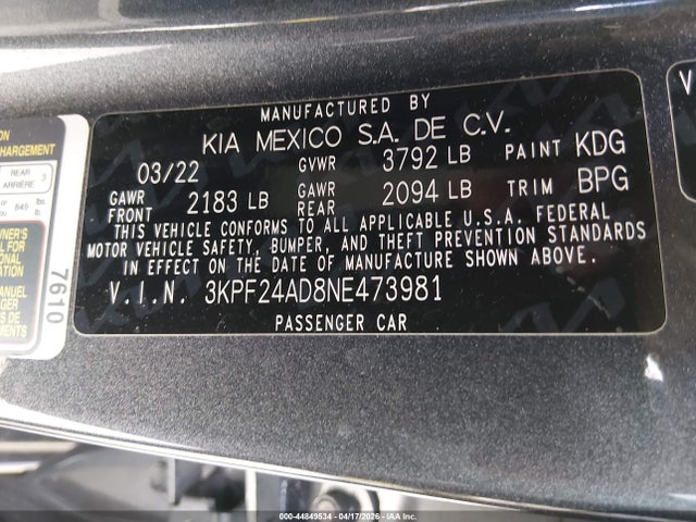 Продаж на аукціоні авто 2022 Kia Forte Lxs, vin: 3KPF24AD8NE473981, номер лоту: 44849534