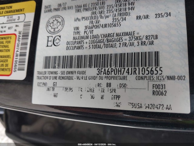 Продаж на аукціоні авто 2018 Ford Fusion Se, vin: 3FA6P0H74JR105655, номер лоту: 44849536