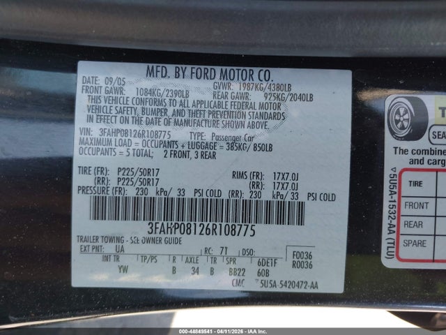 Продаж на аукціоні авто 2006 Ford Fusion Sel, vin: 3FAHP08126R108775, номер лоту: 44849541
