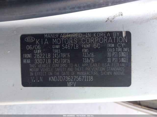 Продаж на аукціоні авто 2007 Kia Sorento Lx, vin: KNDJD736275671118, номер лоту: 44849542