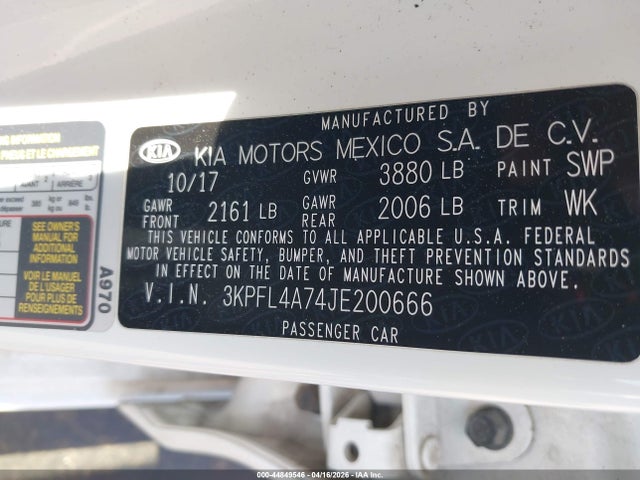 44849546 :رقم المزاد ، 3KPFL4A74JE200666 vin ، 2018 Kia Forte Lx مزاد بيع