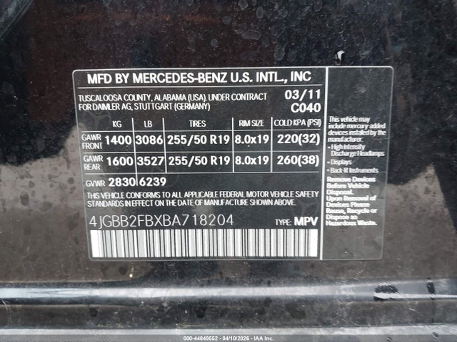 44849552 :رقم المزاد ، 4JGBB2FBXBA718204 vin ، 2011 Mercedes-benz Ml 350 Bluetec 4matic مزاد بيع