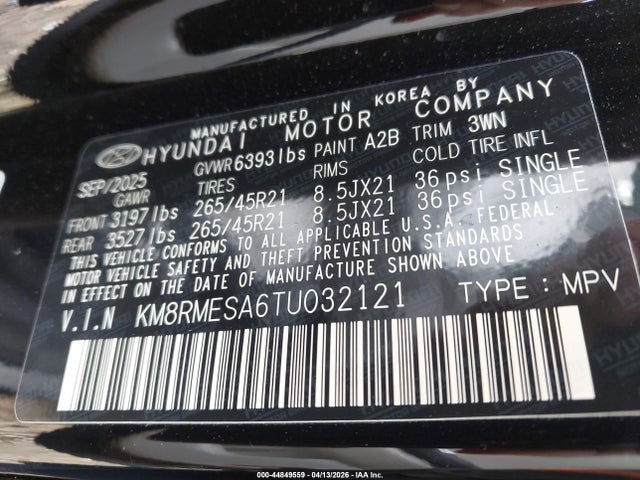 2026 Hyundai Palisade Hev Calligraphy მანქანა იყიდება აუქციონზე, vin: KM8RMESA6TU032121, აუქციონის ნომერი: 44849559