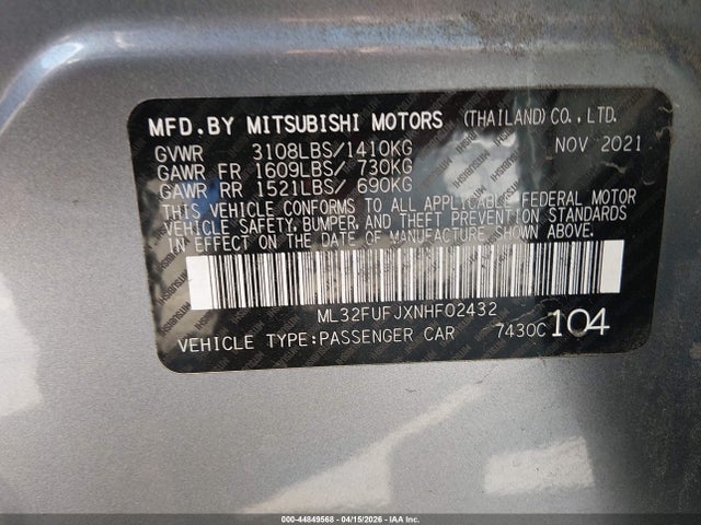 2022 Mitsubishi Mirage G4 Le მანქანა იყიდება აუქციონზე, vin: ML32FUFJXNHF02432, აუქციონის ნომერი: 44849568