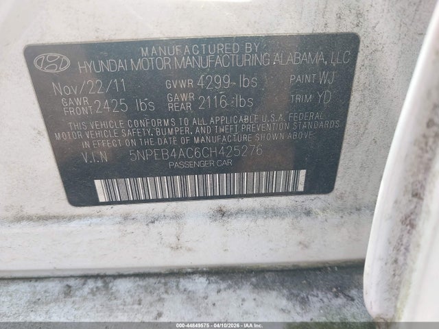 Aukcja sprzedaży 2012 Hyundai Sonata Gls, vin: 5NPEB4AC6CH425276, numer aukcji: 44849575