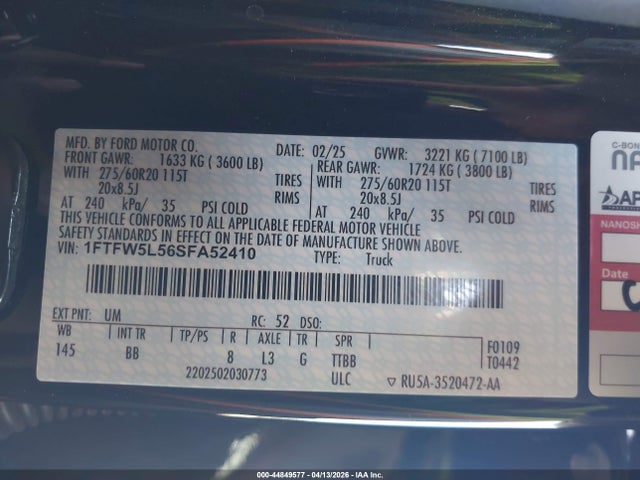 44849577 :رقم المزاد ، 1FTFW5L56SFA52410 vin ، 2025 Ford F-150 Lariat مزاد بيع