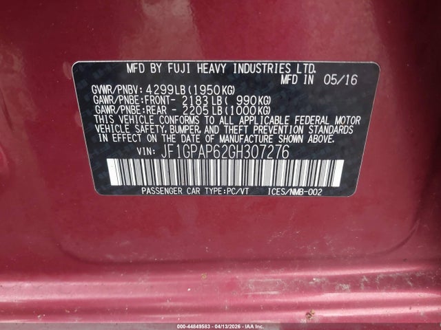 Aukcja sprzedaży 2016 Subaru Impreza 2.0i Sport Premium, vin: JF1GPAP62GH307276, numer aukcji: 44849583