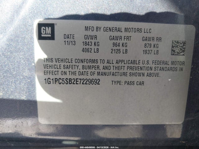 2014 Chevrolet Cruze 1lt Auto მანქანა იყიდება აუქციონზე, vin: 1G1PC5SB2E7229692, აუქციონის ნომერი: 44849586