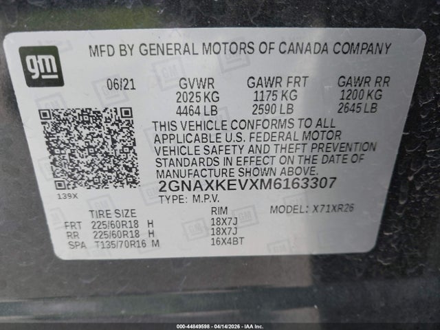 Продажа на аукционе авто 2021 Chevrolet Equinox Fwd Lt, vin: 2GNAXKEVXM6163307, номер лота: 44849598