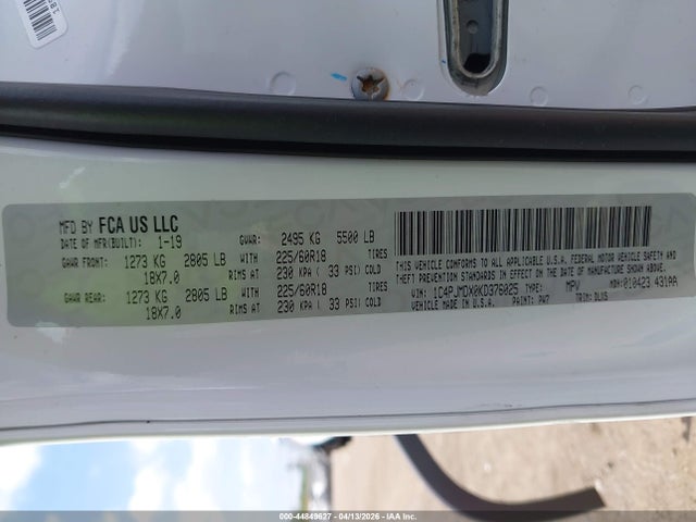 44849627 :رقم المزاد ، 1C4PJMDX0KD376025 vin ، 2019 Jeep Cherokee Limited 4x4 مزاد بيع