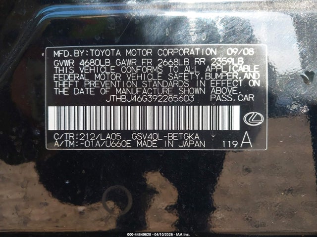 Aukcja sprzedaży 2009 Lexus Es 350, vin: JTHBJ46G392285603, numer aukcji: 44849628