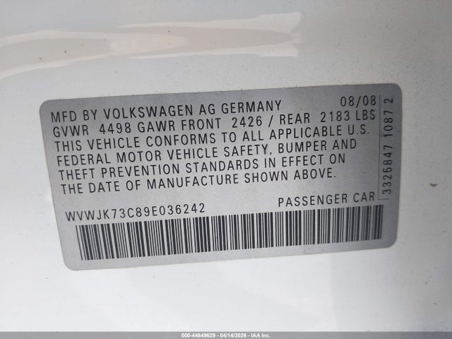 Aukcja sprzedaży 2009 Volkswagen Passat Komfort, vin: WVWJK73C89E036242, numer aukcji: 44849629
