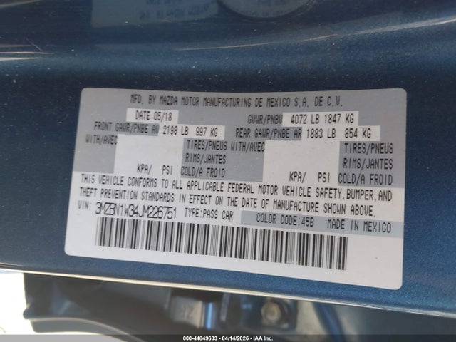 2018 Mazda Mazda3 Grand Touring მანქანა იყიდება აუქციონზე, vin: 3MZBN1W34JM226751, აუქციონის ნომერი: 44849633