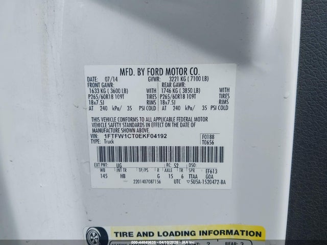 2014 Ford F-150 Lariat მანქანა იყიდება აუქციონზე, vin: 1FTFW1CT0EKF04192, აუქციონის ნომერი: 44849635