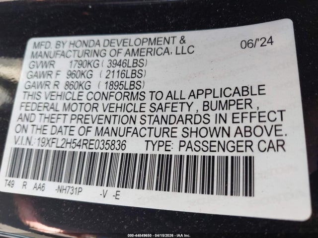 Продаж на аукціоні авто 2024 Honda Civic Lx, vin: 19XFL2H54RE035836, номер лоту: 44849650