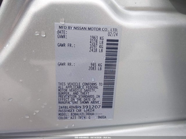 44849655 :رقم المزاد ، 1N4BL4DV8RN391207 vin ، 2024 Nissan Altima Sv Fwd مزاد بيع