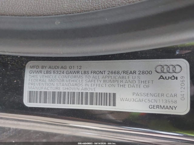 44849683 :رقم المزاد ، WAU3GAFC5CN113558 vin ، 2012 Audi A7 Premium مزاد بيع