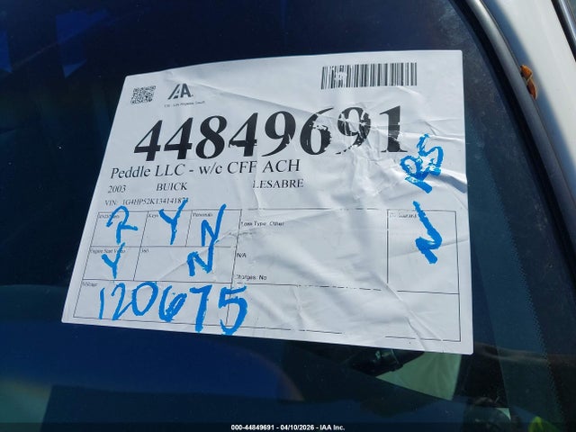 Продаж на аукціоні авто 2003 Buick Lesabre Custom, vin: 1G4HP52K134141873, номер лоту: 44849691