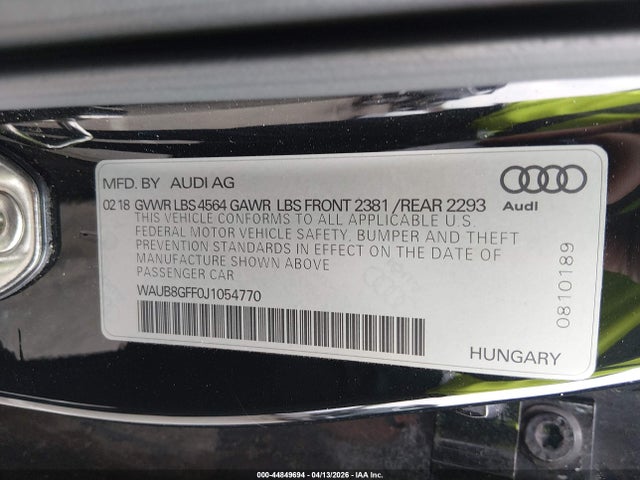 44849694 :رقم المزاد ، WAUB8GFF0J1054770 vin ، 2018 Audi A3 2.0t Premium مزاد بيع