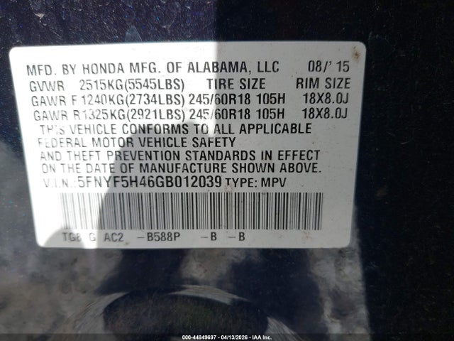 Honda Pilot Ex 2016 5FNYF5H46GB012039 Image 9