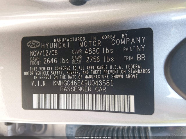Продаж на аукціоні авто 2009 Hyundai Genesis 3.8, vin: KMHGC46E49U043581, номер лоту: 44849700