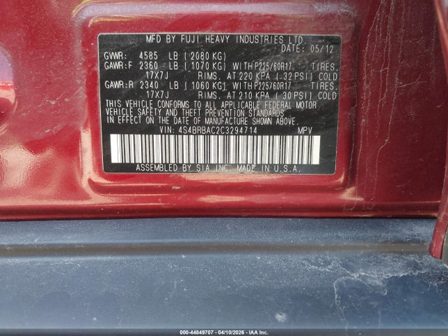 Aukcja sprzedaży 2012 Subaru Outback 2.5i, vin: 4S4BRBAC2C3294714, numer aukcji: 44849707