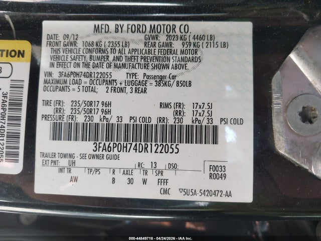 44849718 :رقم المزاد ، 3FA6P0H74DR122055 vin ، 2013 Ford Fusion Se مزاد بيع