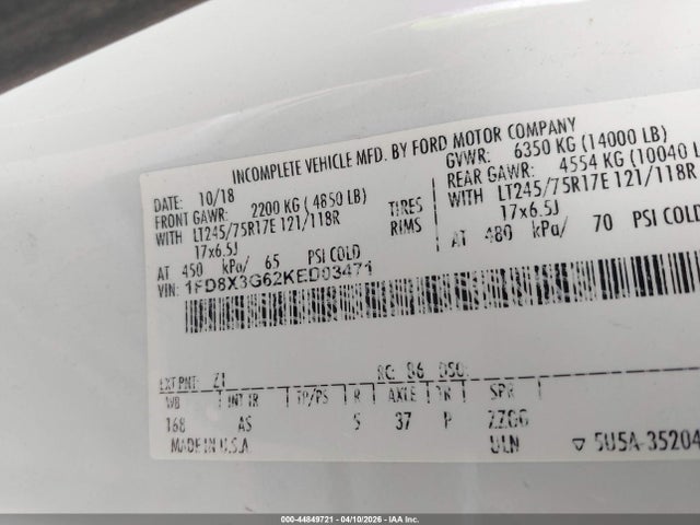 Продажа на аукционе авто 2019 Ford F-350 Chassis Xl, vin: 1FD8X3G62KED03471, номер лота: 44849721