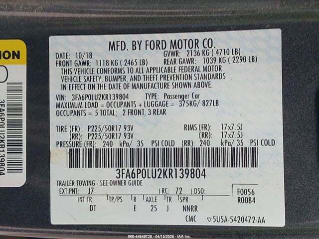 Продажа на аукционе авто 2019 Ford Fusion Hybrid Se, vin: 3FA6P0LU2KR139804, номер лота: 44849728