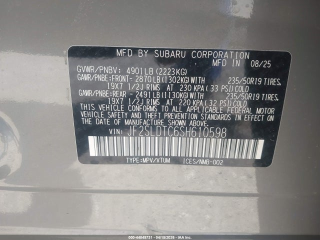 Продаж на аукціоні авто 2025 Subaru Forester Touring, vin: JF2SLDTC6SH610598, номер лоту: 44849731