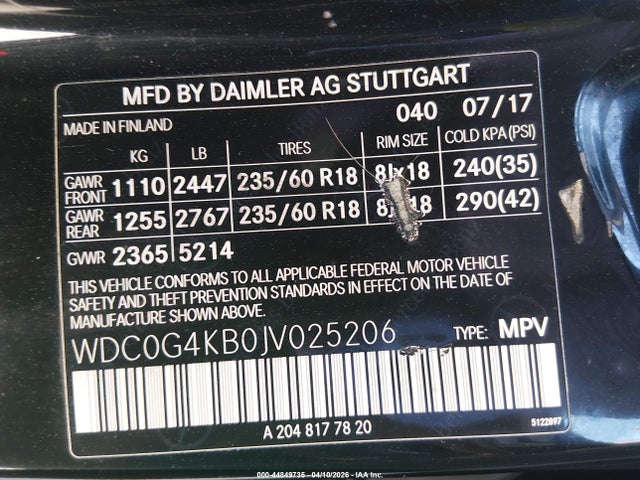 Aukcja sprzedaży 2018 Mercedes-benz Glc 300 4matic, vin: WDC0G4KB0JV025206, numer aukcji: 44849735