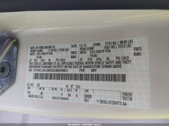 44849747 :رقم المزاد ، 1FMCU9J90GUB93963 vin ، 2016 Ford Escape Titanium مزاد بيع