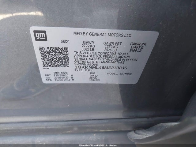44849775 :رقم المزاد ، 1GKKNML46MZ210835 vin ، 2021 Gmc Acadia Fwd Slt مزاد بيع