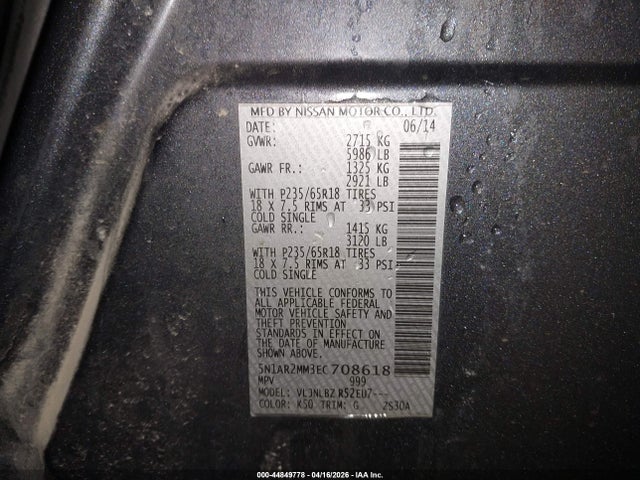 Aukcja sprzedaży 2014 Nissan Pathfinder S, vin: 5N1AR2MM3EC708618, numer aukcji: 44849778