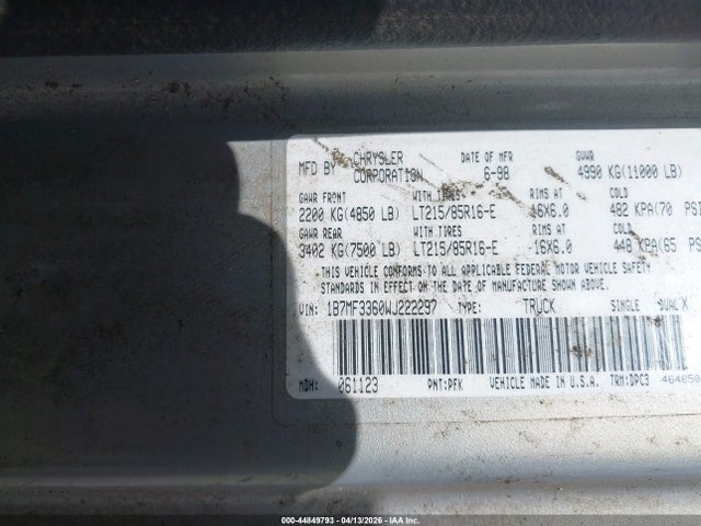 Aukcja sprzedaży 1998 Dodge Ram 3500 St, vin: 1B7MF3360WJ222297, numer aukcji: 44849793