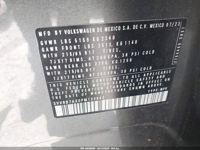 Продаж на аукціоні авто 2023 Volkswagen Tiguan 2.0t S, vin: 3VVRB7AX0PM133842, номер лоту: 44849805