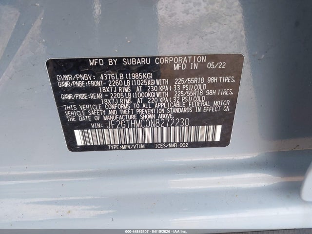 Aukcja sprzedaży 2022 Subaru Crosstrek Limited, vin: JF2GTHMC0N8272230, numer aukcji: 44849807