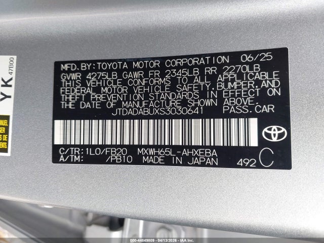 44849809 :رقم المزاد ، JTDADABUXS3030641 vin ، 2025 Toyota Prius Le Awd-e مزاد بيع