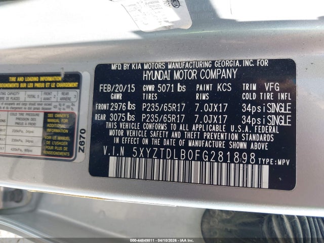 44849811 :رقم المزاد ، 5XYZTDLB0FG281898 vin ، 2015 Hyundai Santa Fe Sport 2.4l مزاد بيع