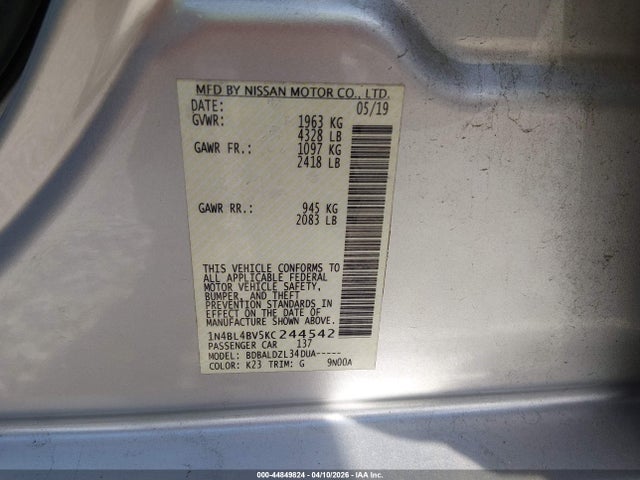Nissan Altima 2.5 S 2019 1N4BL4BV5KC244542 Image 9