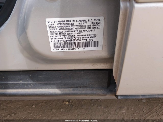 44849834 :رقم المزاد ، 5FNYF28406B023356 vin ، 2006 Honda Pilot Ex مزاد بيع