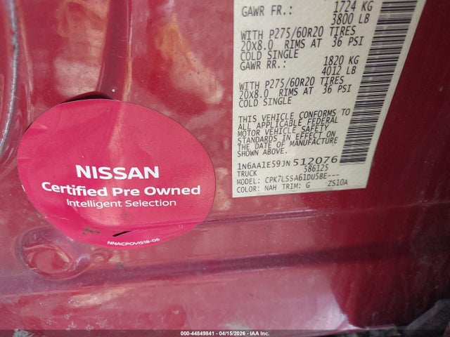 2018 Nissan Titan Sv მანქანა იყიდება აუქციონზე, vin: 1N6AA1E59JN512076, აუქციონის ნომერი: 44849841