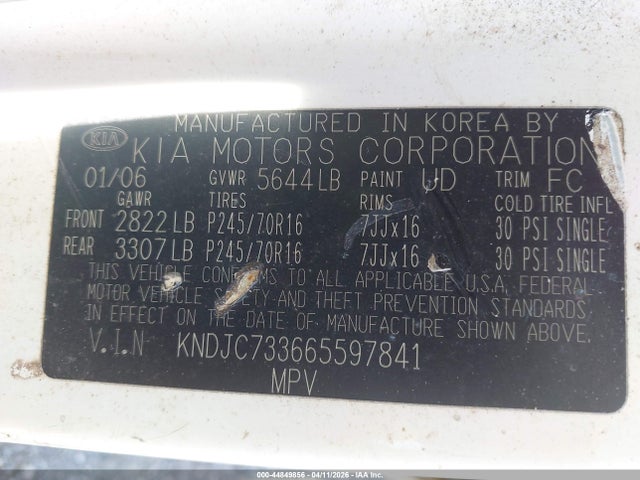 Aukcja sprzedaży 2006 Kia Sorento Ex/lx, vin: KNDJC733665597841, numer aukcji: 44849856