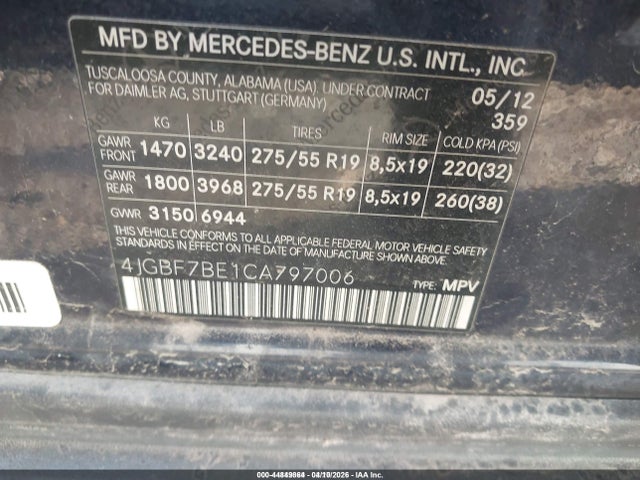 Auction sale of the 2012 Mercedes-benz Gl 450 4matic, vin: 4JGBF7BE1CA797006, lot number: 44849864
