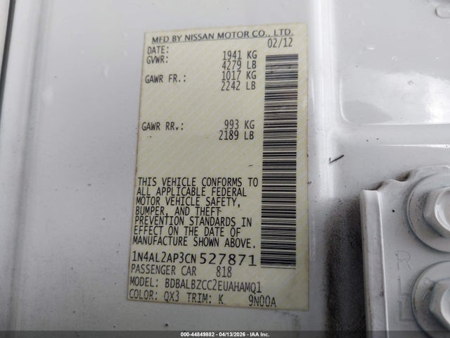 2012 Nissan Altima 2.5 S მანქანა იყიდება აუქციონზე, vin: 1N4AL2AP3CN527871, აუქციონის ნომერი: 44849882