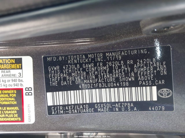 44849888 :رقم المزاد ، 4T1DZ1FB3LU044198 vin ، 2020 Toyota Avalon Limited مزاد بيع