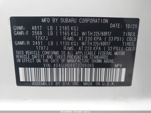 Продажа на аукционе авто 2026 Subaru Crosstrek Premium, vin: 4S4GUHD68T3706065, номер лота: 44849892
