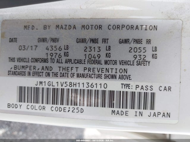 2017 Mazda Mazda6 Touring მანქანა იყიდება აუქციონზე, vin: JM1GL1V58H1136110, აუქციონის ნომერი: 44849901