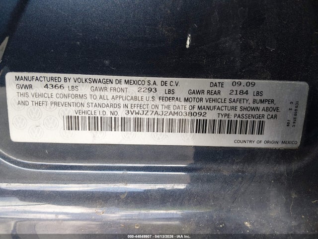 Продаж на аукціоні авто 2010 Volkswagen Jetta S, vin: 3VWJZ7AJ2AM038092, номер лоту: 44849907